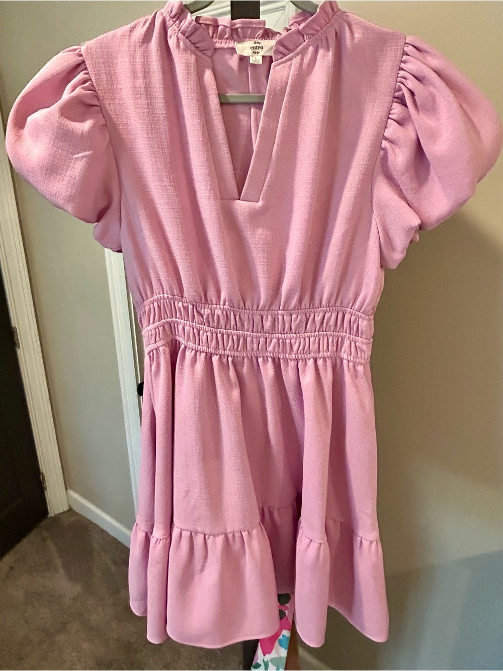 entro Pink Puff Sleeve Tiered Casual Dress